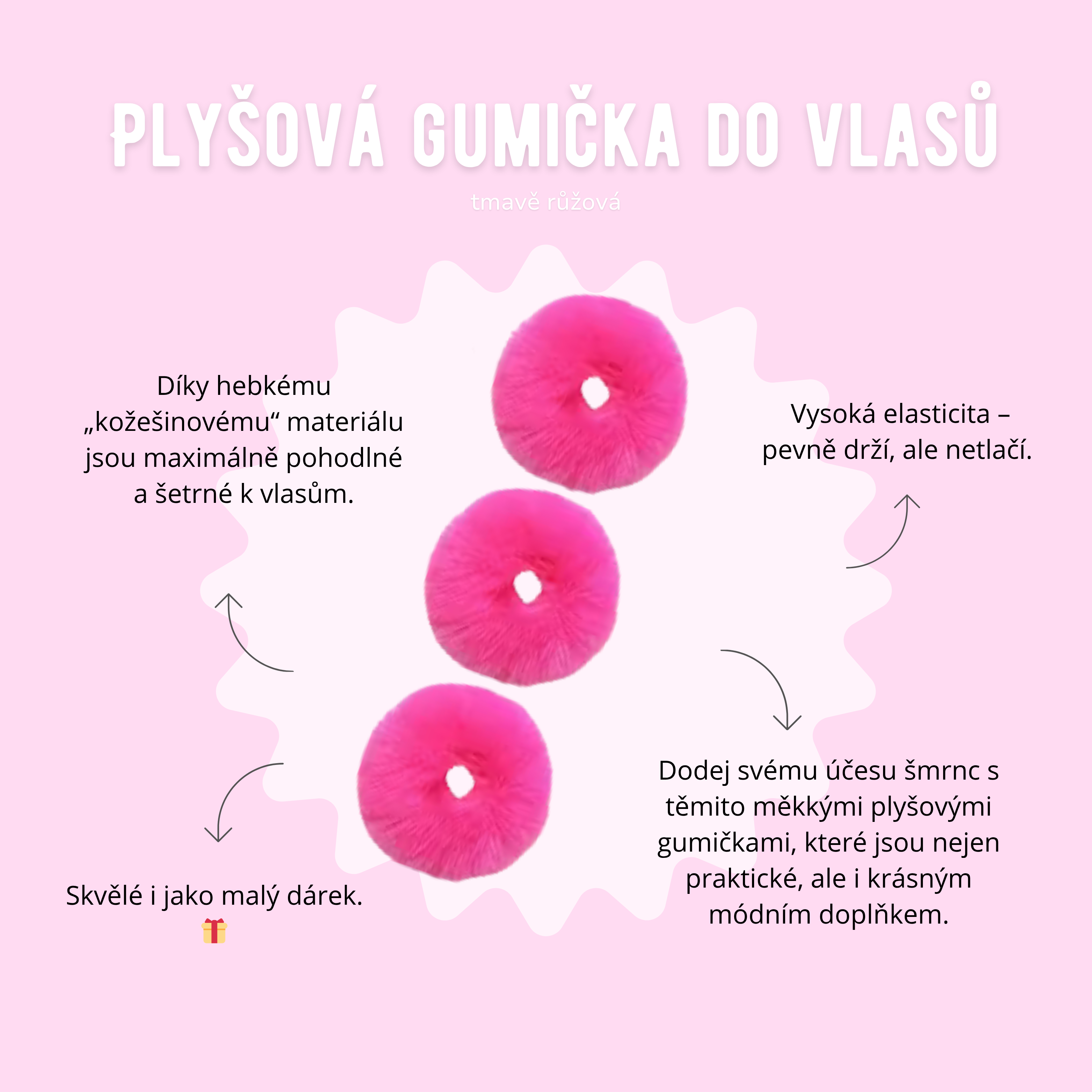 Plyšová gumička do vlasů - tmavě růžová