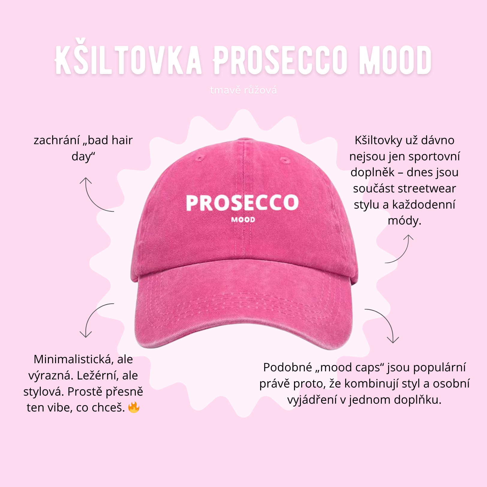 Kšiltovka Prosecco mood - tmavě růžová