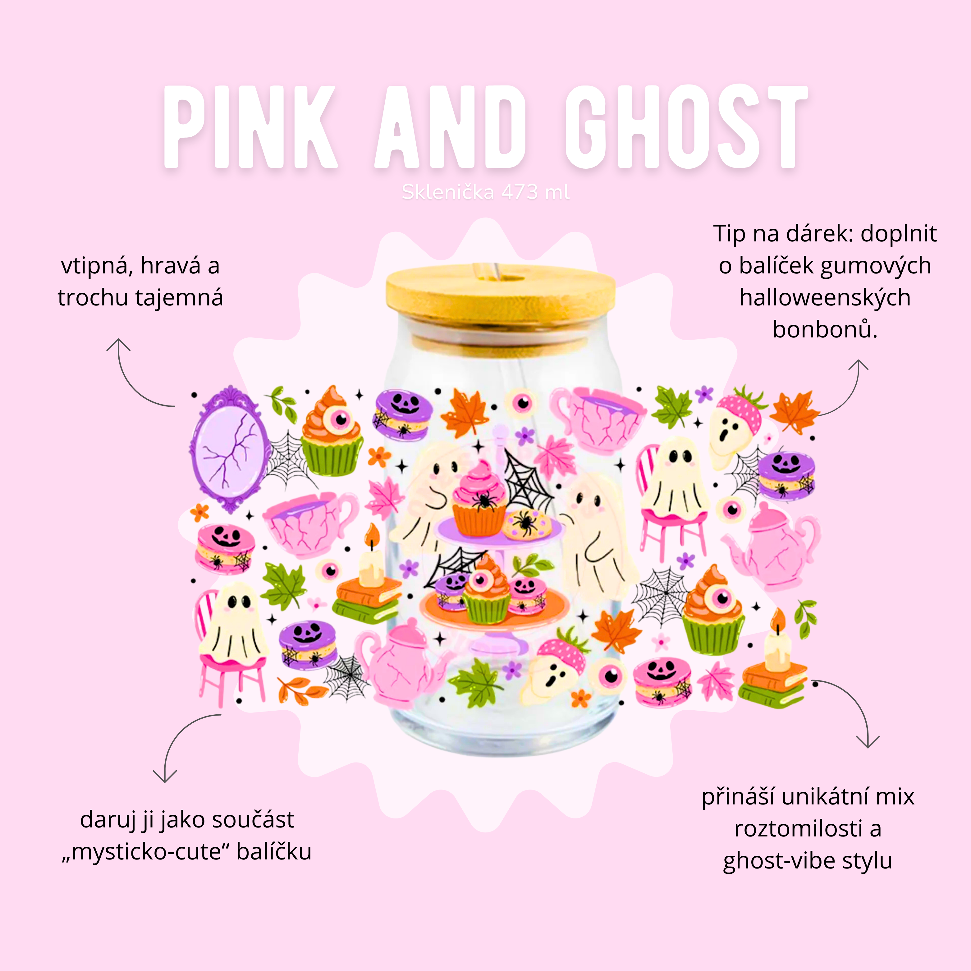 Sklenička 473 ml - pink and ghost