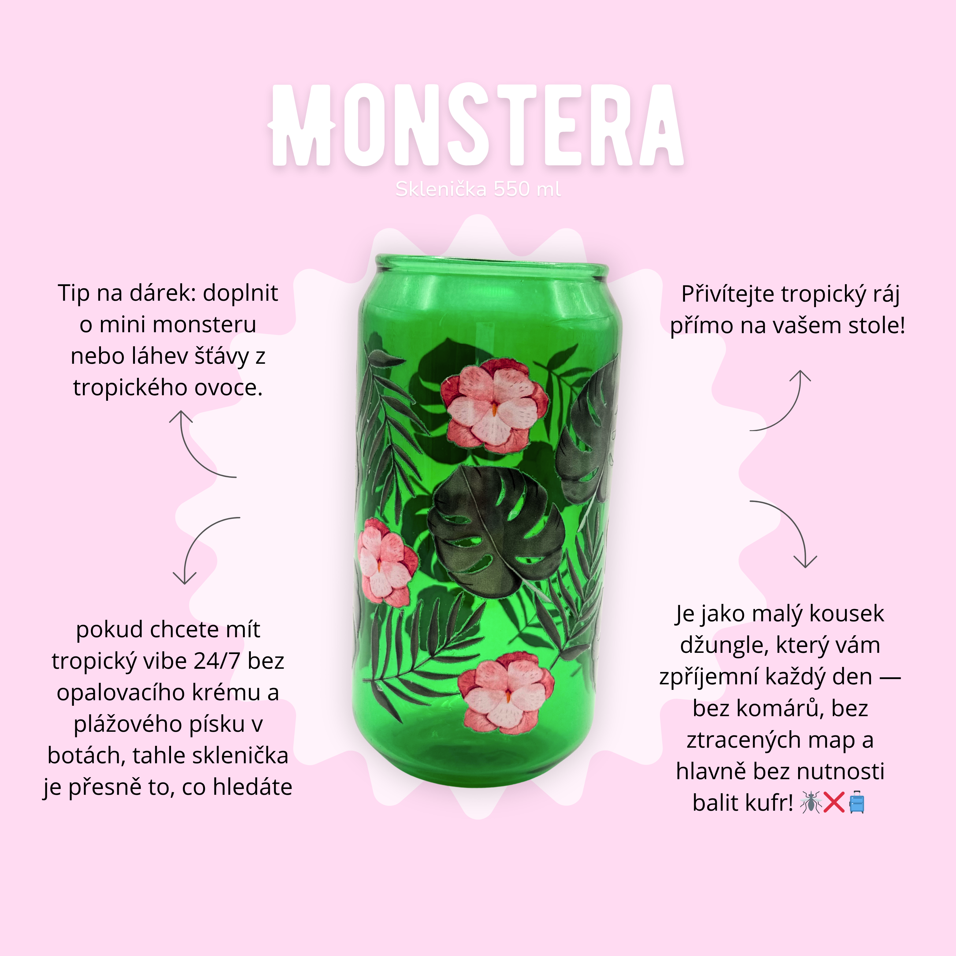 Sklenička 550 ml zelená - Monstera