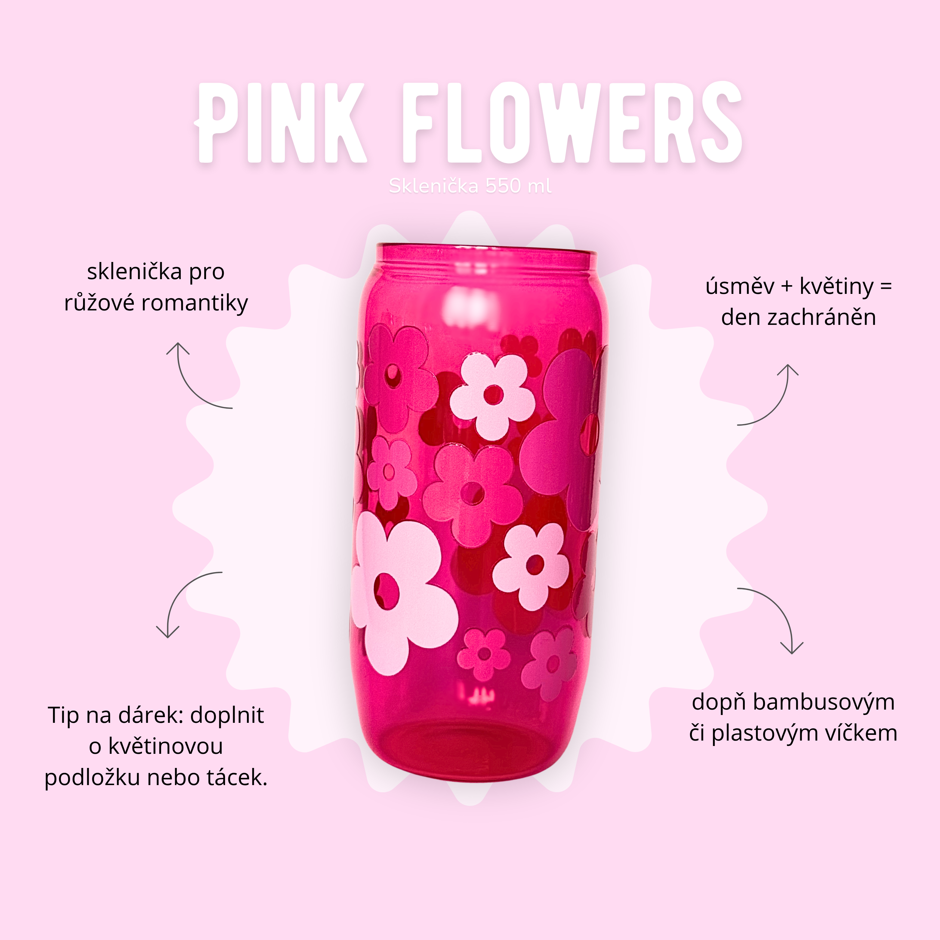 Sklenička 550 ml růžová - Pink flowers